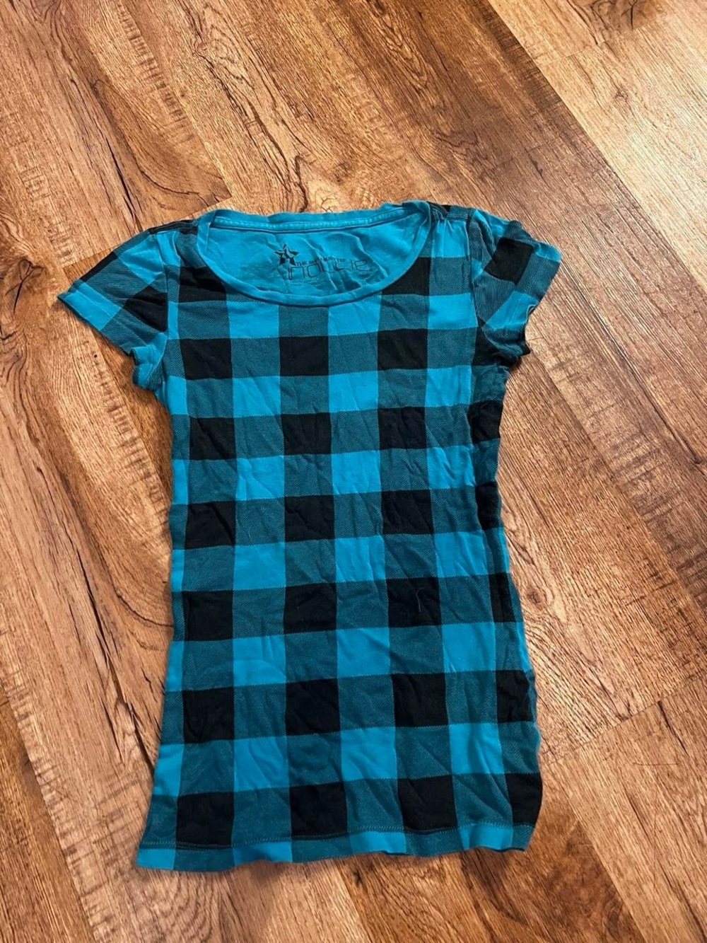 Y2K Nollie Teal and Black Buffalo Check Short Sleeve Tee
